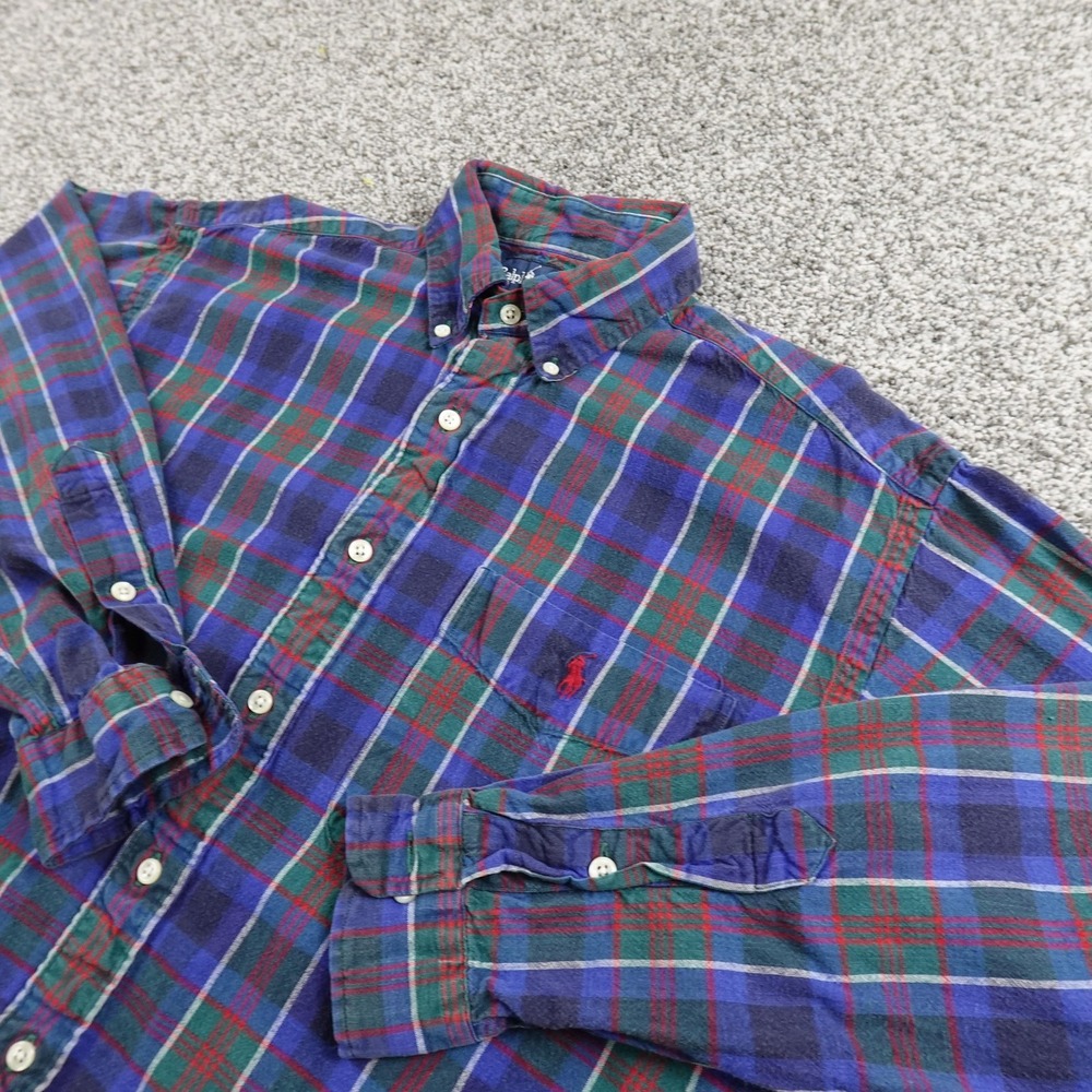 VTG Ralph Lauren Shirt Mens S Blue Green Plaid Flannel Blaire Pony Button Up